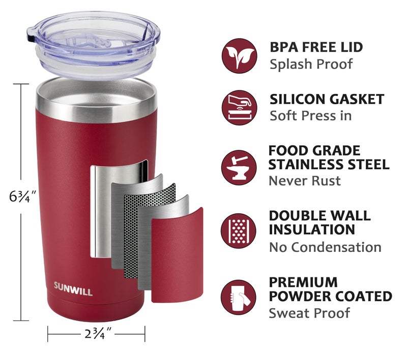 SUNWILL Travel Coffee Tumbler 20 oz, Insulated Mug with Lid, Stainless Steel Cup for Hot and Cold Drinks, Powder Coated Wine Red - Image 2